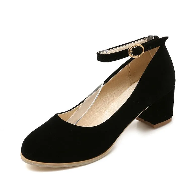 Women's Flock Ankle Strap Block Heel Pumps