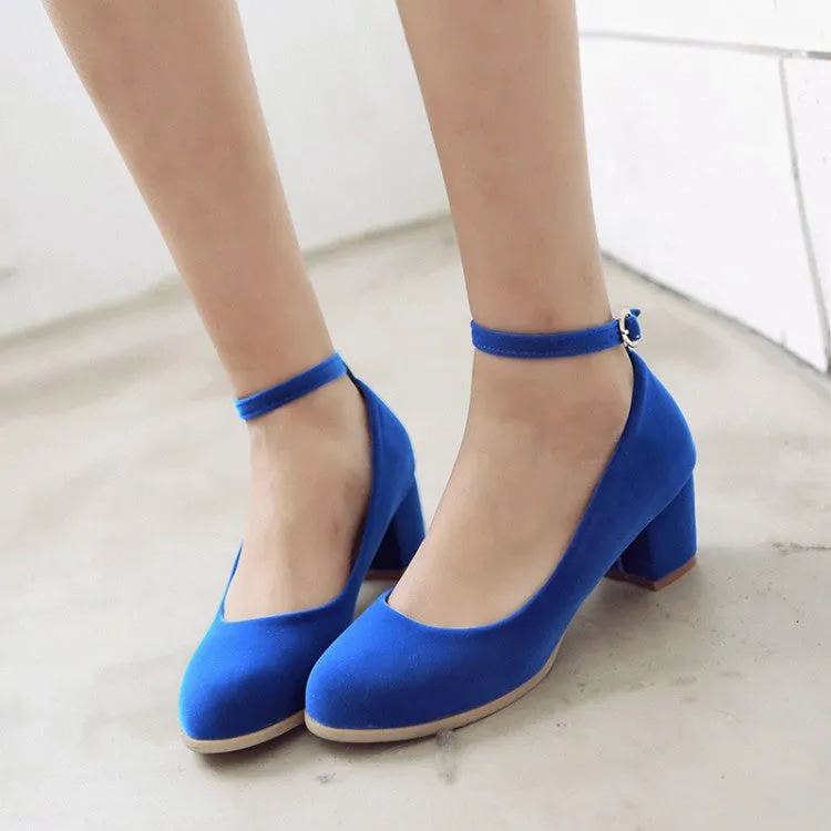 Women's Flock Ankle Strap Block Heel Pumps