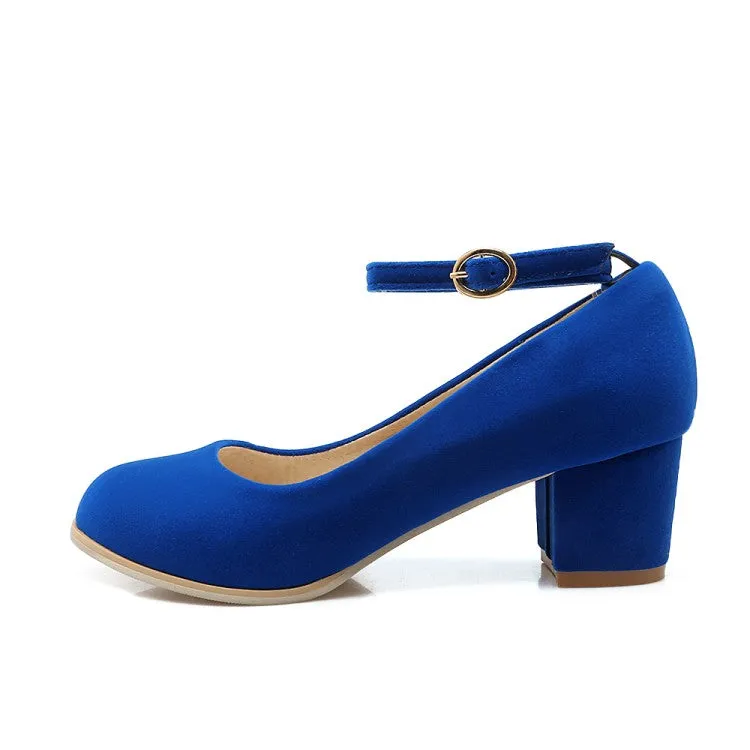 Women's Flock Ankle Strap Block Heel Pumps