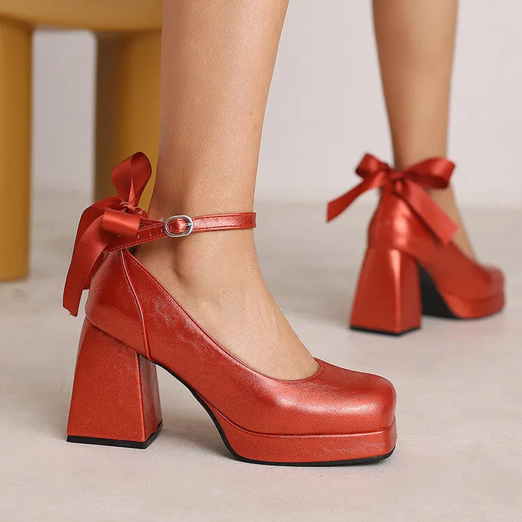 Women's Glossy Bows Square Toe Block Heel Ankle Strap Platform Pumps