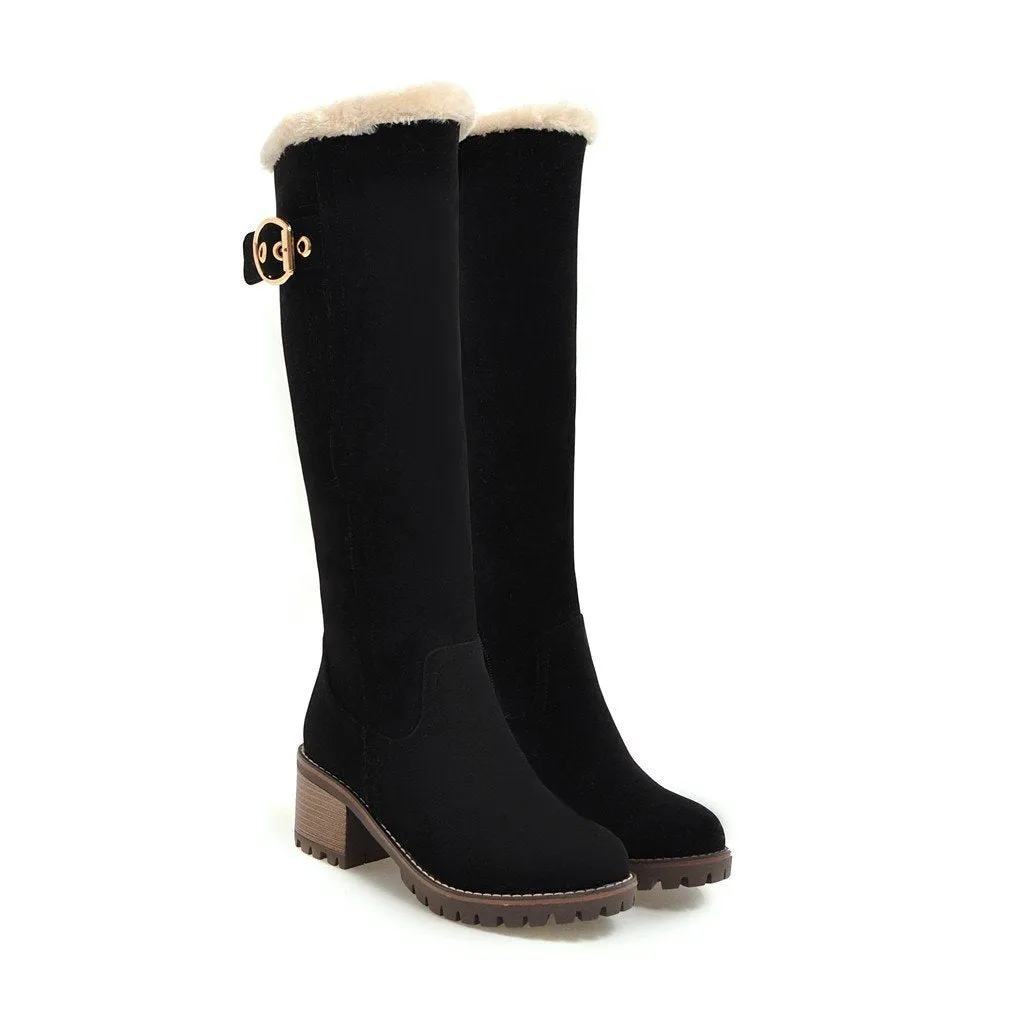 Women's knee high plush lining snow boots chunky block heel tall boots for winter