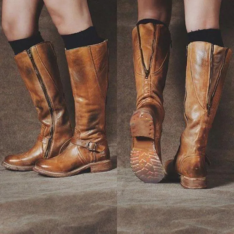 Women's motorcycle boots retro knee high boots for women Low block heel tall boots