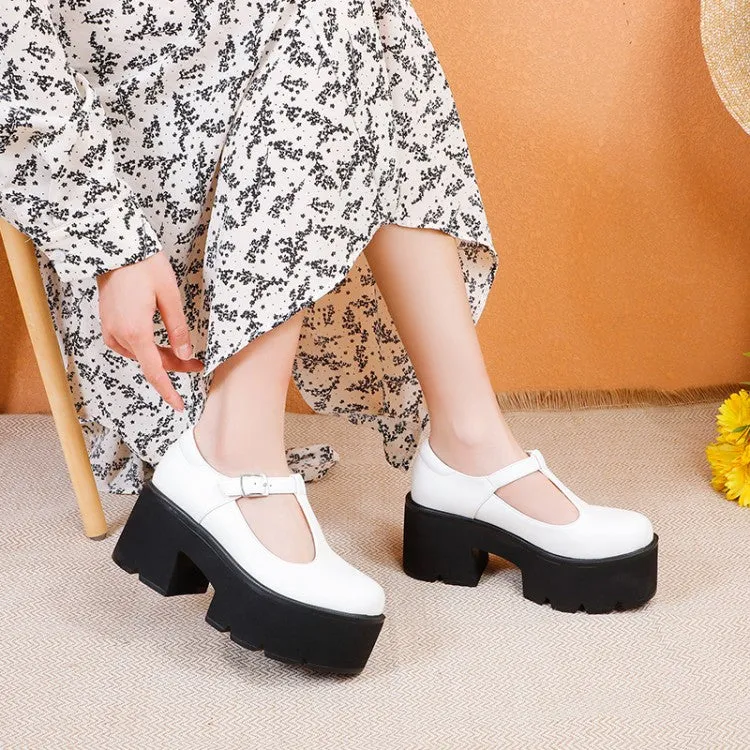 Women's T Strap Block Heels Platform Pumps