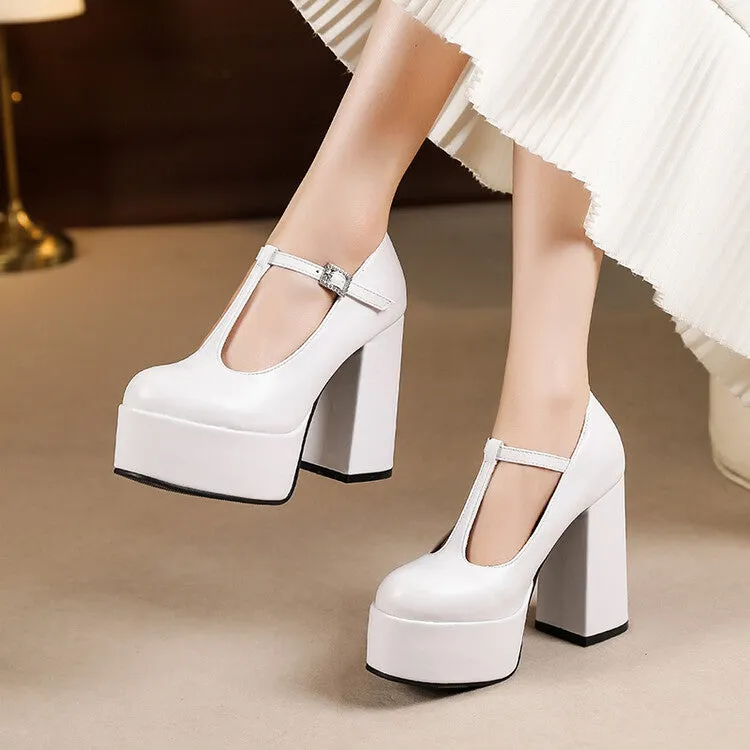 Women's T Strap Rhinestone Buckle Chunky Heel Platform Pumps