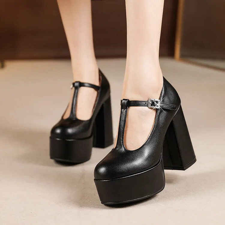 Women's T Strap Rhinestone Buckle Chunky Heel Platform Pumps