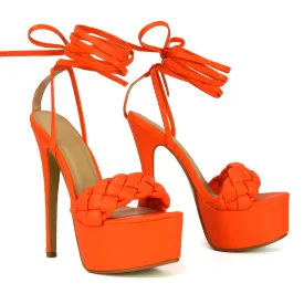 Yris Woven Strap Lace up Platform Stiletto Heel in Orange Synthetic Leather